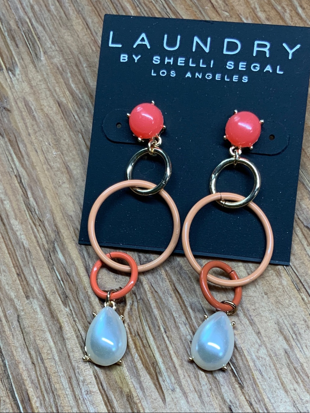 Laundry By Shelli Segal Coral and Peach Drop Earrings with Faux Pearl Teardrops